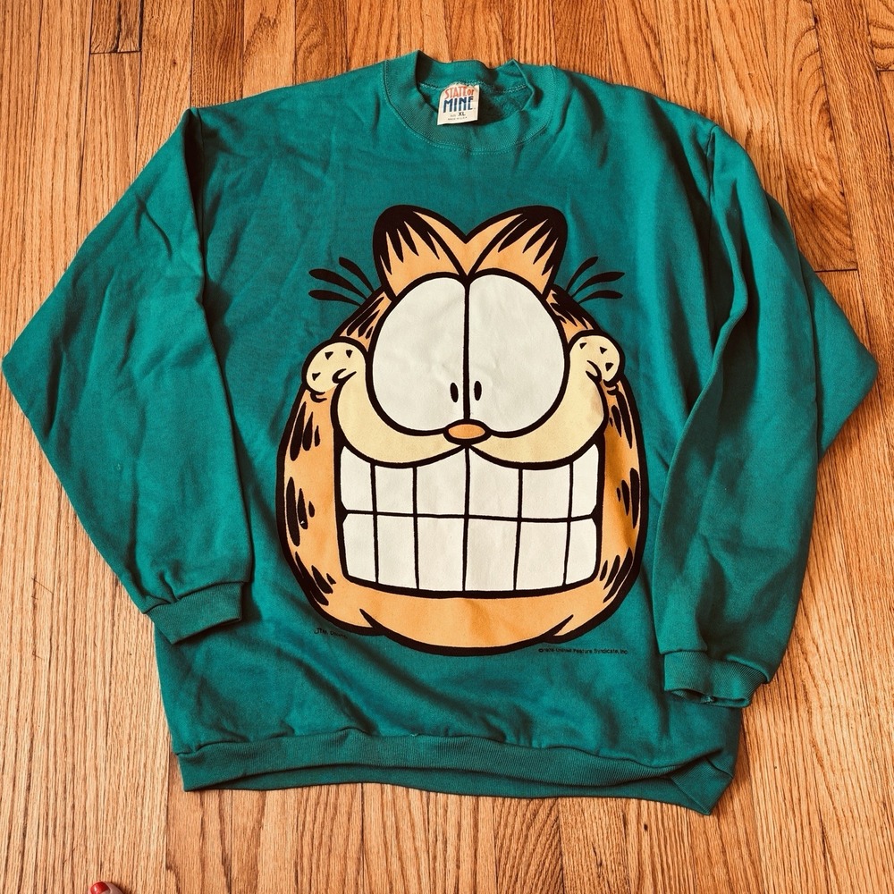 Vintage Garfield Crewneck Sweatshirt XL Retro 70s Teal Cartoon Cat Jim Davis